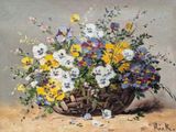 a painting of a basket of flowers on a table