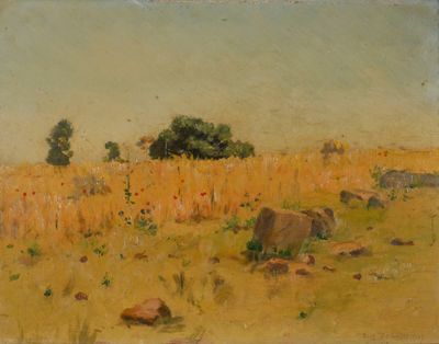 an oil painting of a field with rocks and trees in the distance