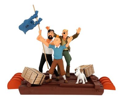 La figurine représente un homme et deux autres hommes sur un bateau, accompagnés d'un chien