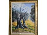 une peinture à l'huile représentant deux arbres dans un champ, avec une rivière en arrière-plan