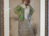 tableau représentant une femme vêtue d'un manteau vert et d'une écharpe blanche