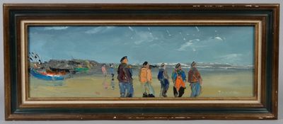 tableau représentant un groupe de personnes marchant sur une plage, avec des bateaux en arrière-plan