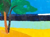 une peinture représentant un arbre dans un champ, avec un ciel bleu en arrière-plan