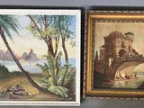 deux tableaux encadrés représentant un château et un pont avec des palmiers