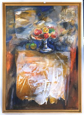 two paintings of fruit on a table in a room