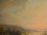 painting of a landscape with a river and a castle in the distance