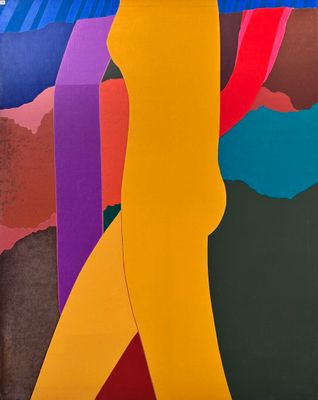 painting of a woman in a yellow dress standing in front of a colorful wall