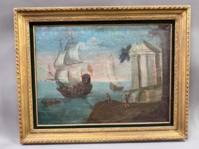 a painting of a boat in a body of water next to a building