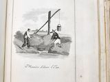 an open book with a drawing of a man on a pole