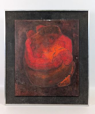 tableau représentant une femme assise dans un bol, un oiseau sur les genoux