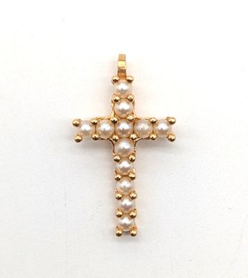 PENDENTIF CROIX en or (750) ornée de petites perles. - Photo 1