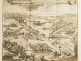 un vieux dessin représentant une vue de la ville depuis le sommet d'une colline