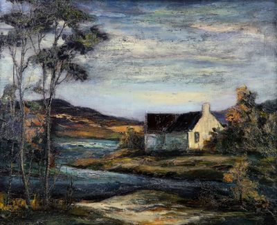une image d'un tableau représentant une maison au bord d'une rivière