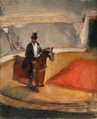 une image représentant un tableau où l'on voit un homme à cheval dans un manège