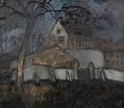une image représentant un tableau d'une maison dans un champ, la nuit