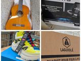 several pictures of a guitar, a pair of shoes, and a box of shoes