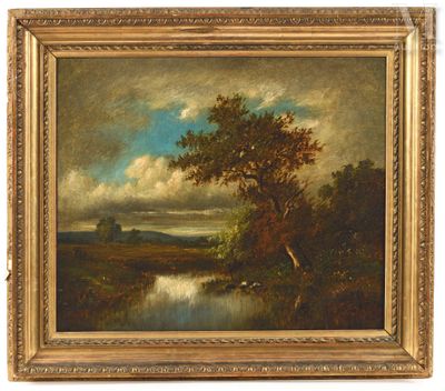 a painting of a landscape with a river in the foreground