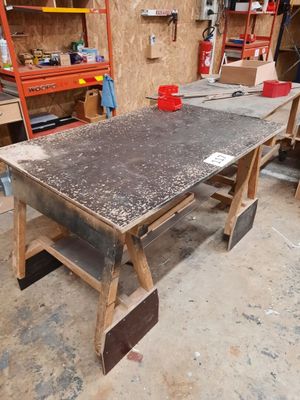 a workbench in a garage with tools on it