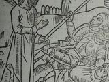 an old drawing of a man laying in a bed with a baby