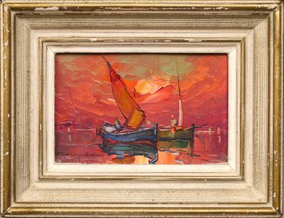 an oil painting of a sailboat in the water at sunset