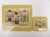 two coasters with a picture of a store front and a store front