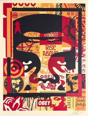 painting of a collage of various images and words on a white background