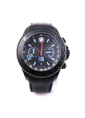 black and blue watch on a white background with a red second hand