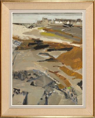 une image représentant une peinture d'une scène de plage avec des maisons en arrière-plan