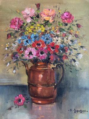 Marcel BOUDOU (1909-2007) Anémones, roses et fleurs des champs - Huile - Photo 1