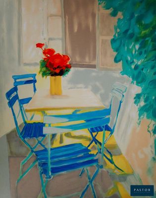 une image représentant un tableau sur lequel figurent une table, des chaises et un vase de fleurs