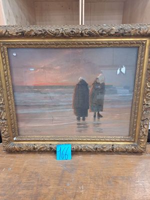 painting of two people walking on a beach with a sunset in the background