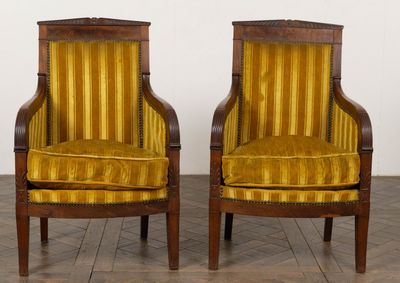 pair of early 20th century french armchairs with yellow velvet upholstered seats