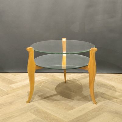 Guéridon rond en bois, miroir et verre.