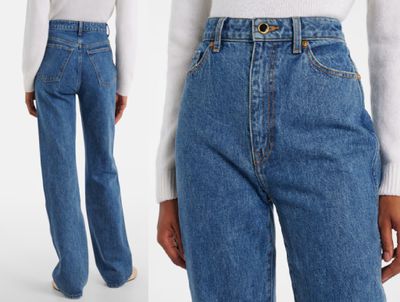 deux photos d'une femme portant un jean taille haute et une chemise blanche