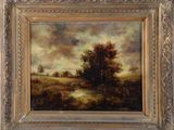 a painting of a landscape with trees and a river in the foreground