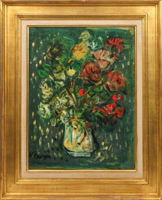 painting of a vase of flowers in a gold frame on a green background