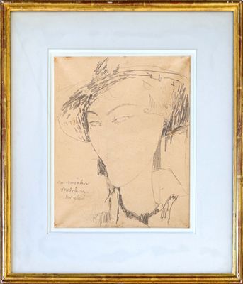 dessin représentant une femme coiffée d'un chapeau, avec un oiseau sur la tête