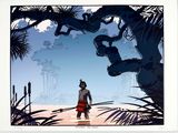 illustration of a man standing in front of a jungle with a monkey on his back