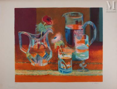 une peinture représentant une carafe et un verre d'eau posés sur une table