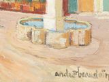 a painting of a fountain in the middle of a street