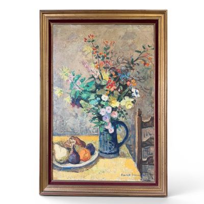 painting of a vase of flowers and fruit on a table next to a plate of fruit
