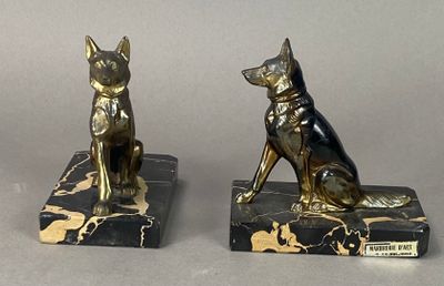 TEDD (XXe siècle) Paire de chiens en régule patiné reposant …