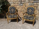 pair of antique french louis xvi style armchairs with blue and gold upholstered upholstered upholstered upholstered upholstered