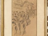 une image représentant un dessin d'un groupe de personnes marchant dans une rue