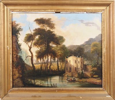 une peinture à l'huile représentant une scène fluviale avec un château en arrière-plan