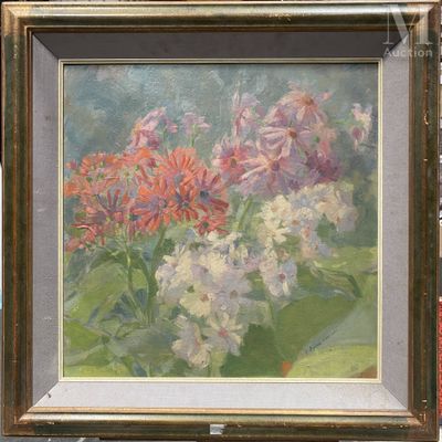 une peinture à l'huile représentant des fleurs dans un vase sur une table