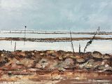 an image of a painting of a beach with rocks and water