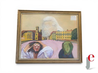 une peinture accrochée au mur d'un immeuble, représentant une femme allongée dans un lit