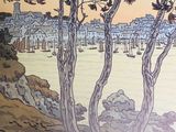 une image d'une peinture d'une ville au bord de l'eau