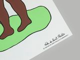 a poster of a man riding a surfboard on a green board